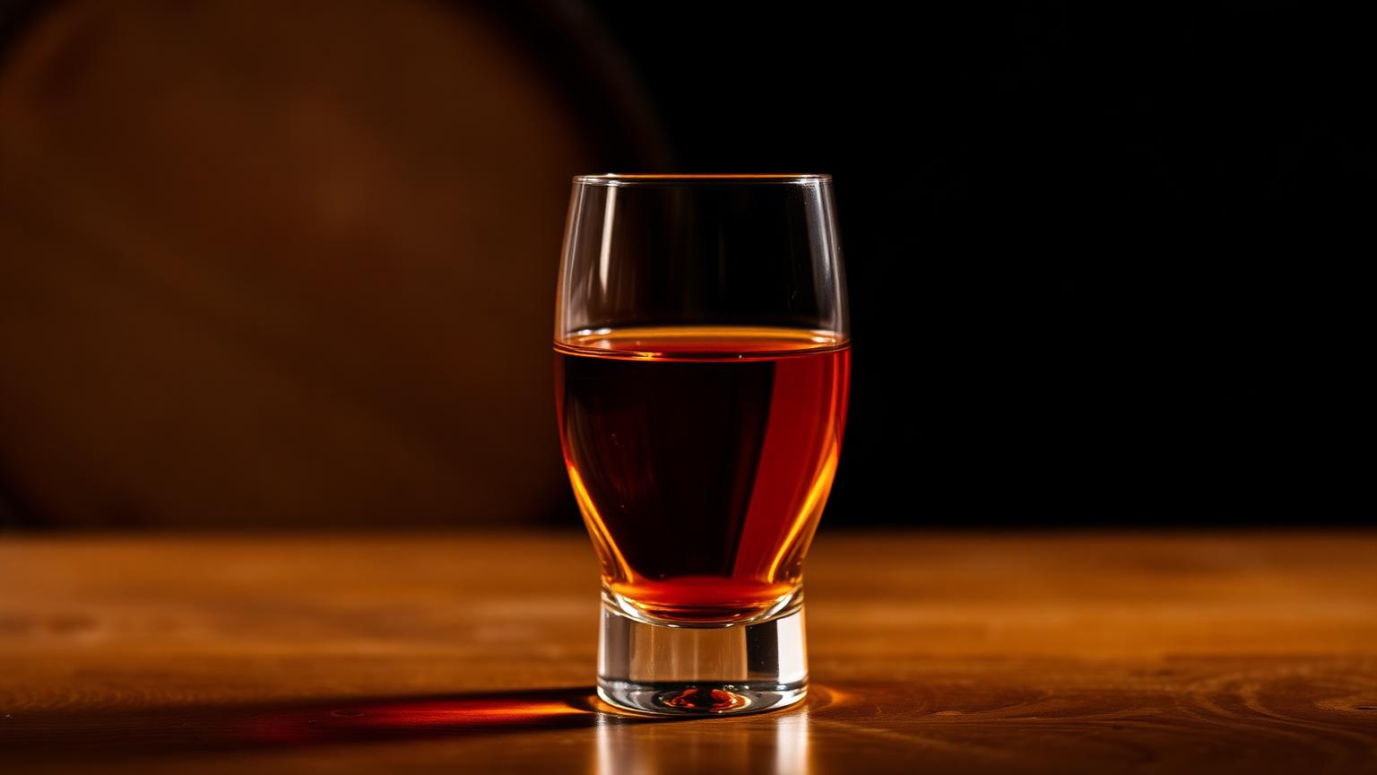 Añejo tequila in a Glencairn glass showing deep amber color with oak barrel in background