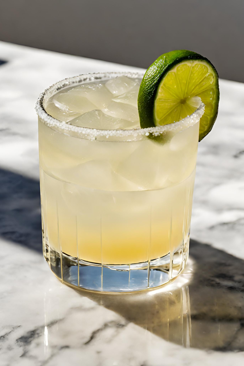 Classic margarita in a rocks glass with salted rim and lime wheel garnish
