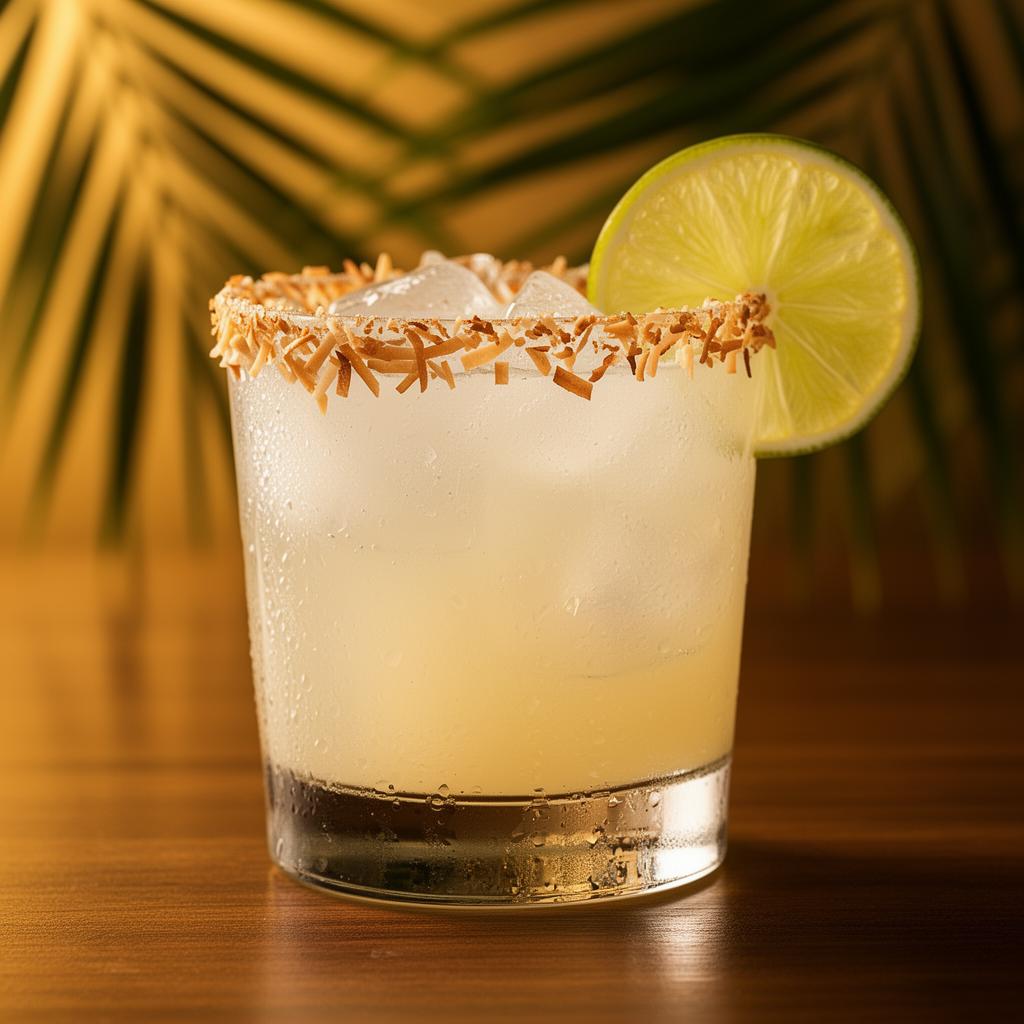 Coconut margarita in a rocks glass with toasted coconut rim, lime wheel, and tropical garnish