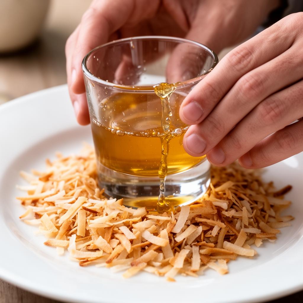 Toasted coconut flake rim on a rocks glass with honey adhesive for a coconut margarita