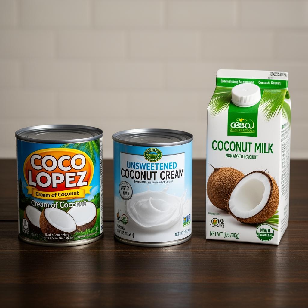Three coconut products side by side — Coco López cream of coconut, unsweetened coconut cream, and coconut milk — for cocktail comparison