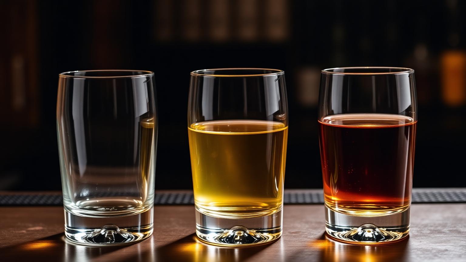 Comparison of blanco, reposado, and añejo tequila showing color progression in glasses